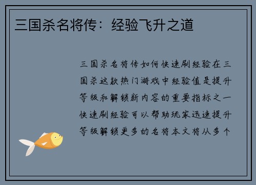 三国杀名将传：经验飞升之道